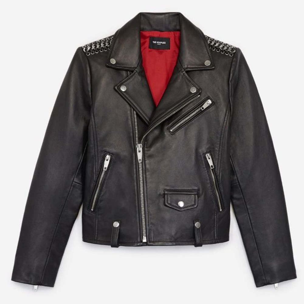 Black leather jacket with shoulder chains